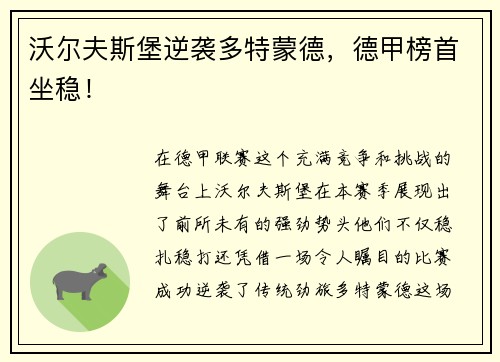沃尔夫斯堡逆袭多特蒙德，德甲榜首坐稳！