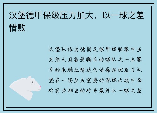 汉堡德甲保级压力加大，以一球之差惜败